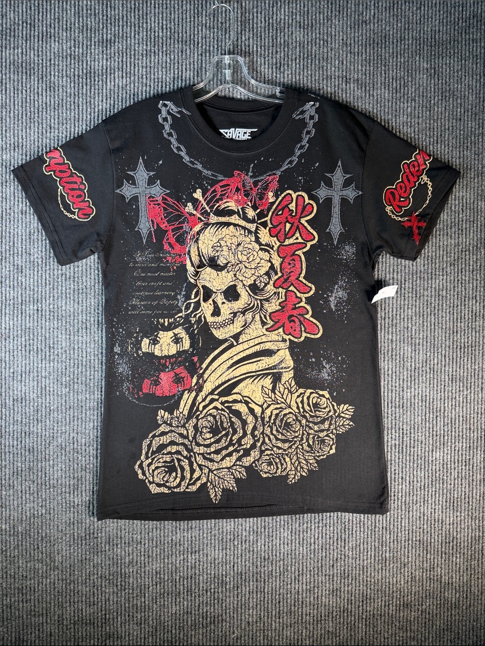 Savage Black Tee with Gold Skull & Red Accents Medium